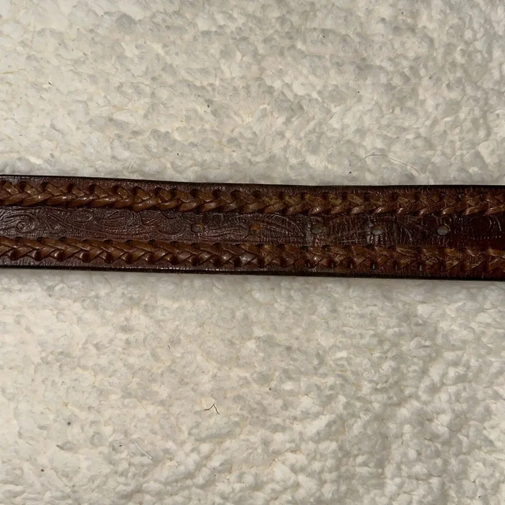 Vintage 44 Brown Gold Tone Buckle Tooled Braided Leather Belt x RED Embossed